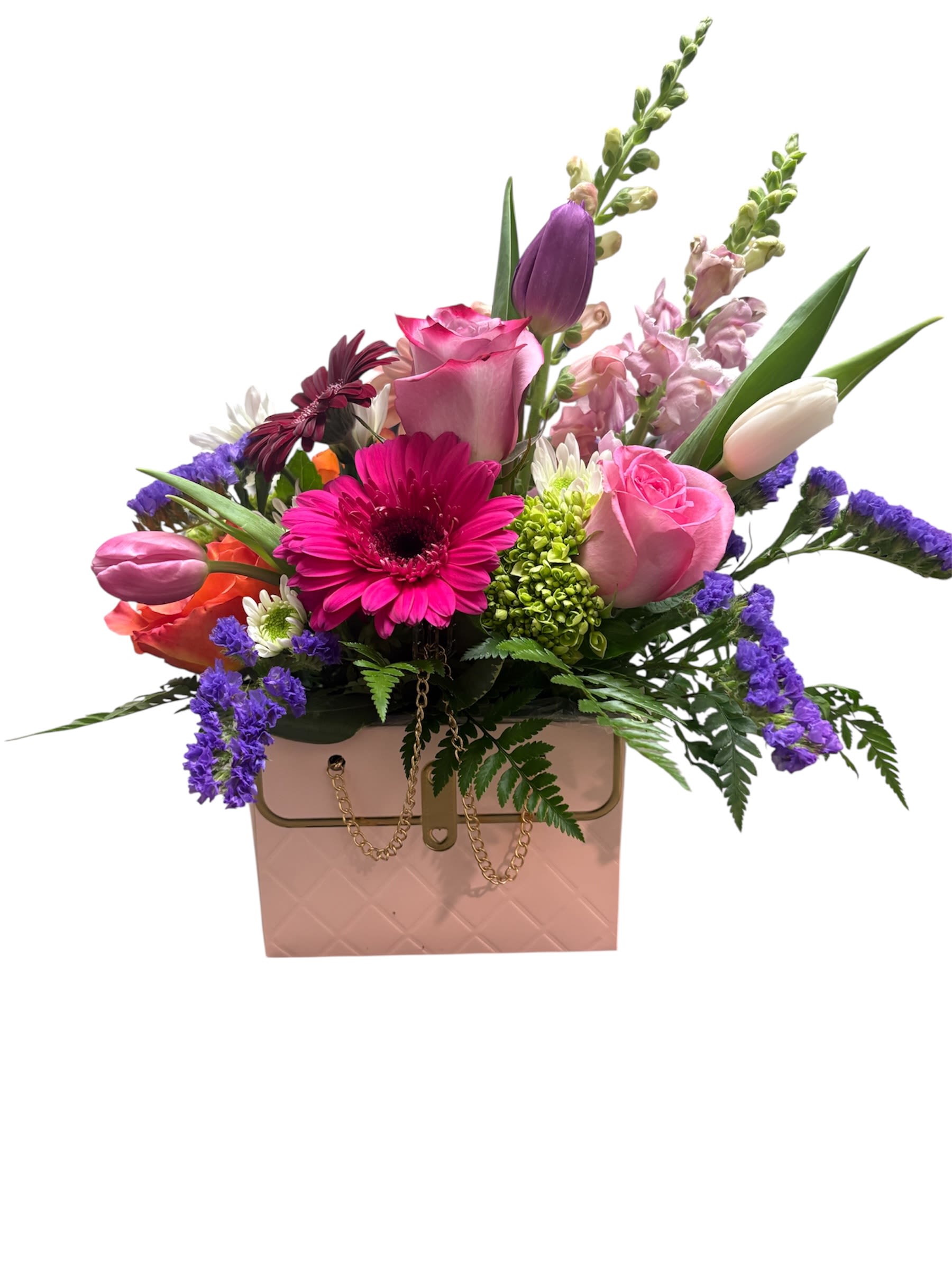 Mixed bouquet in a pink box with roses, tulips, and gerbera daisies