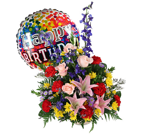 Birthday balloon with colorful flower arrangement of pink lilies, roses, red carnations, and yellow daisies