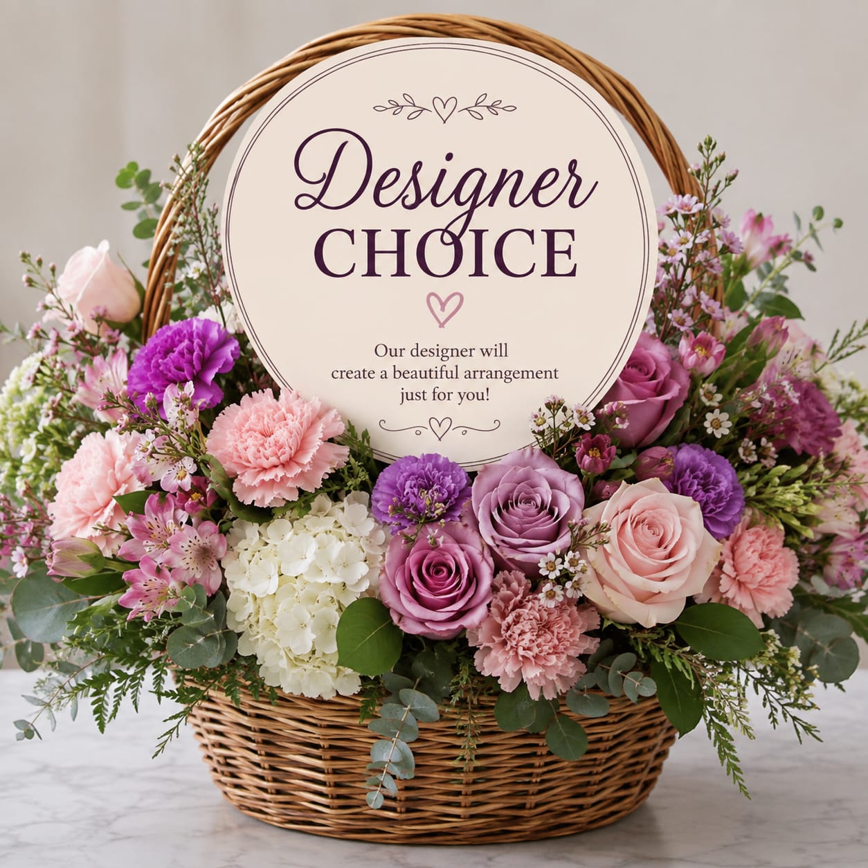 Basket arrangement of pink and purple flowers with a designer choice sign