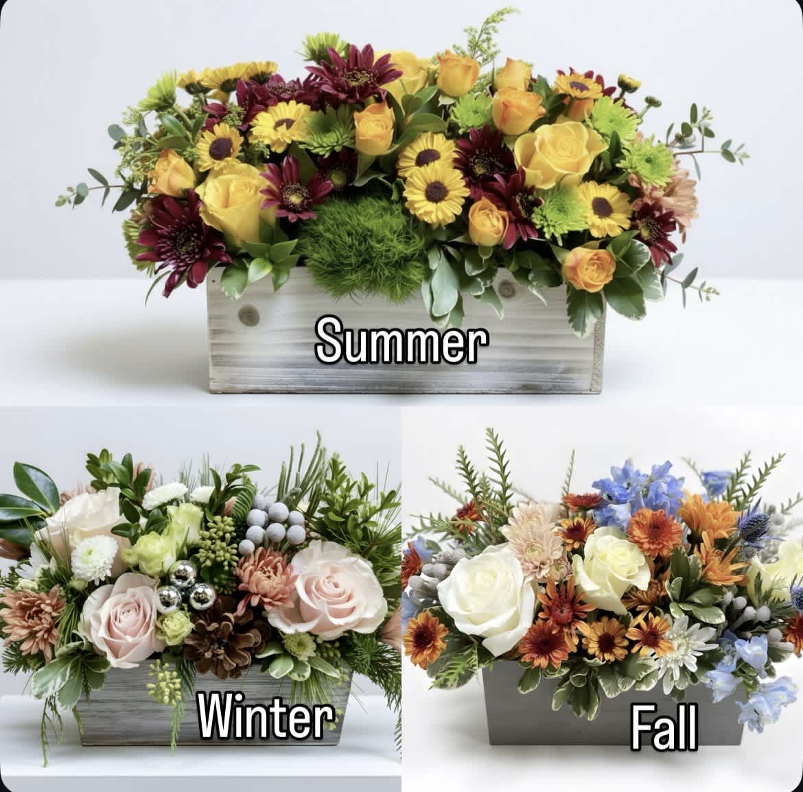 Three seasonal floral arrangements in wooden boxes labeled summer, winter, and fall.
