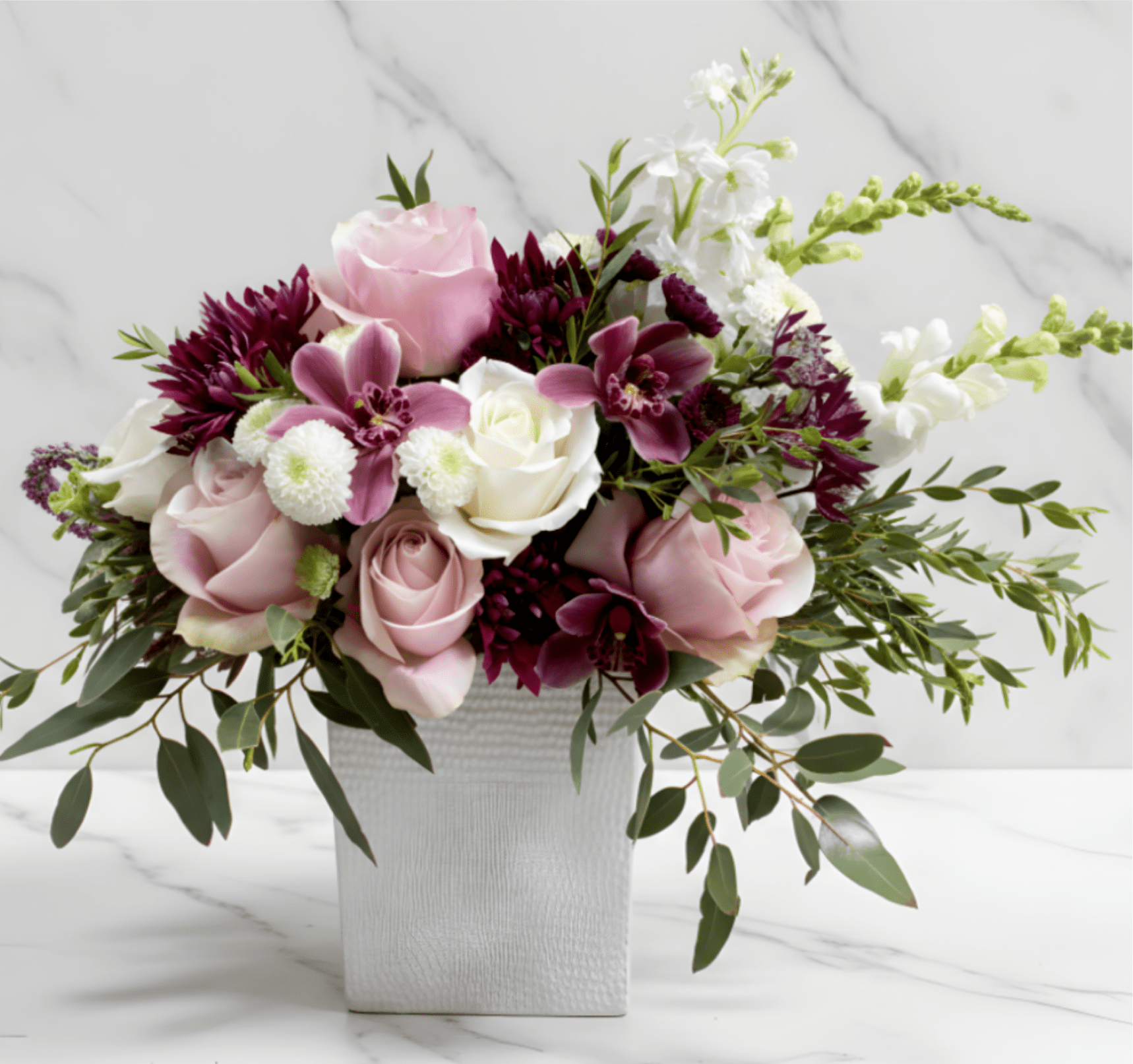 Euphoria Orchid Garden - PASTEL FLORAL ART OF ROSES, ORCHIDS, SNAPDRAGONS, ACCENT FLORALS AND FLOWING GREENS  - ORCHID COLOR MAY VARY 