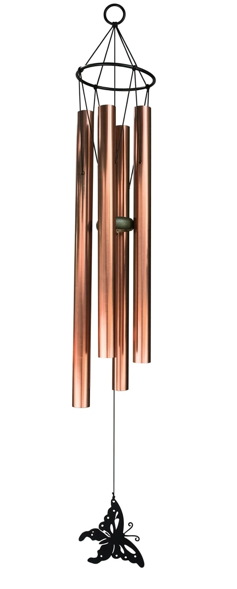 44" Bronze Wind Chime w/ Butterfly - A long, copper-toned set of bronze tubes catches the eye first - this 44" bronze wind chime with a black butterfly pendant brings gentle music and a warm, modern glow to a garden, patio, or entryway. As a decorative gift for Mother's Day, a housewarming, or to mark a thoughtful remembrance, the vertical silhouette and contrasting black hardware create a sleek, slightly whimsical statement that feels both contemporary and timeless.  The piece features several long metal tubes in a warm bronze finish suspended from a black circular top ring frame, finished with a black metal butterfly pendant dangling on a thin cord beneath the chimes. Included hard goods shown include the hanging cord and top ring for easy installation, plus an optional wire easel stand for displaying the chime or an accompanying sign or spray. Standing 44" in total length, the wind chime adds both visual height and resonant sound to outdoor or sheltered indoor spaces.  Choose this chime when you want the person you're thinking of to feel comforted and remembered by subtle movement and tone - it's the kind of garden accent that reads as a daily little celebration. For outdoor use, hang in a sheltered spot to preserve the finish; the simple design makes it easy to incorporate with existing garden decor or memorial displays.