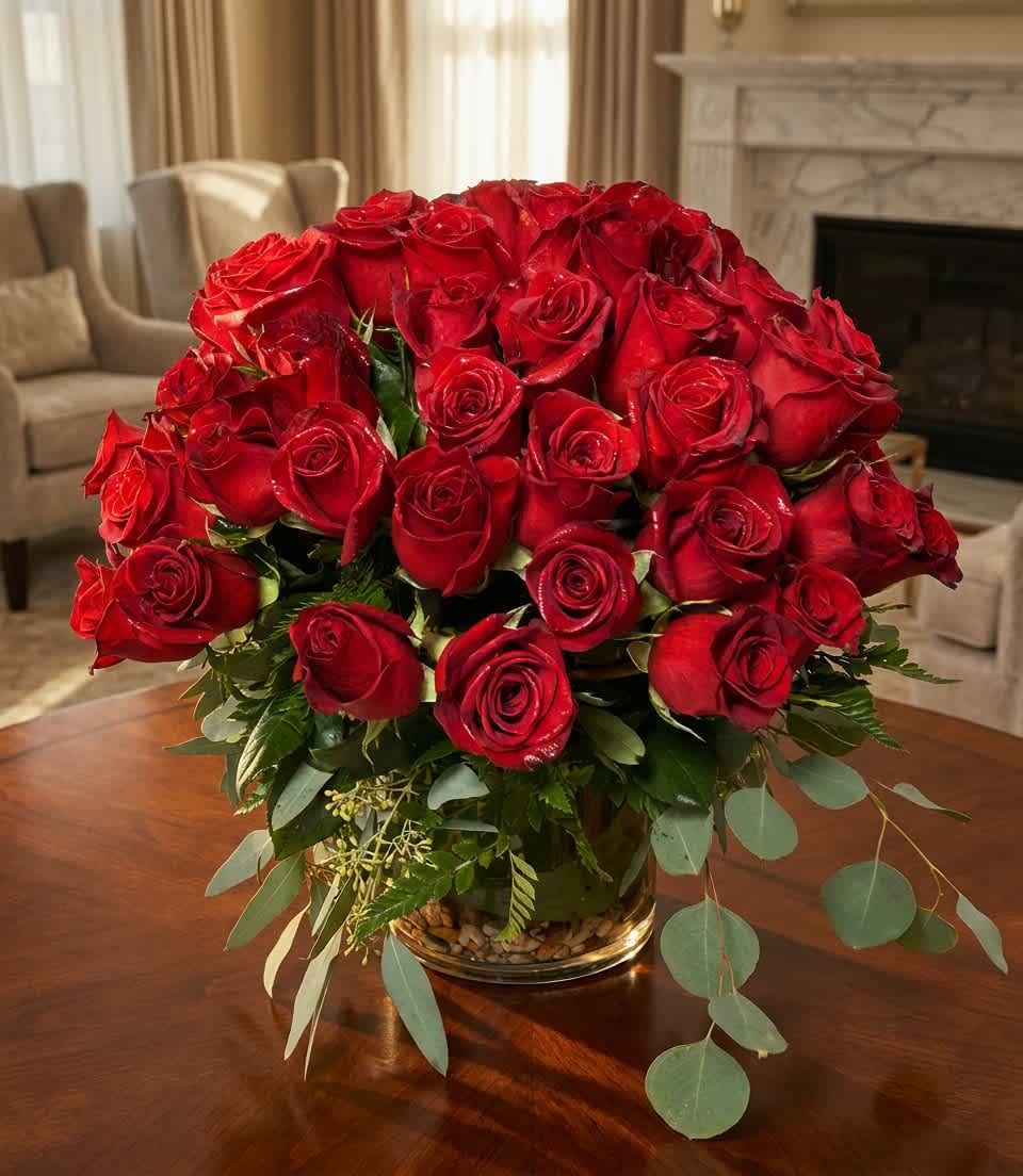 Red roses arranged in a glass vase on a table