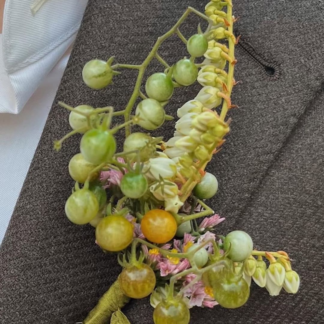 Boutonniere with green berries, pale blossoms, and pink flowers on dark fabric