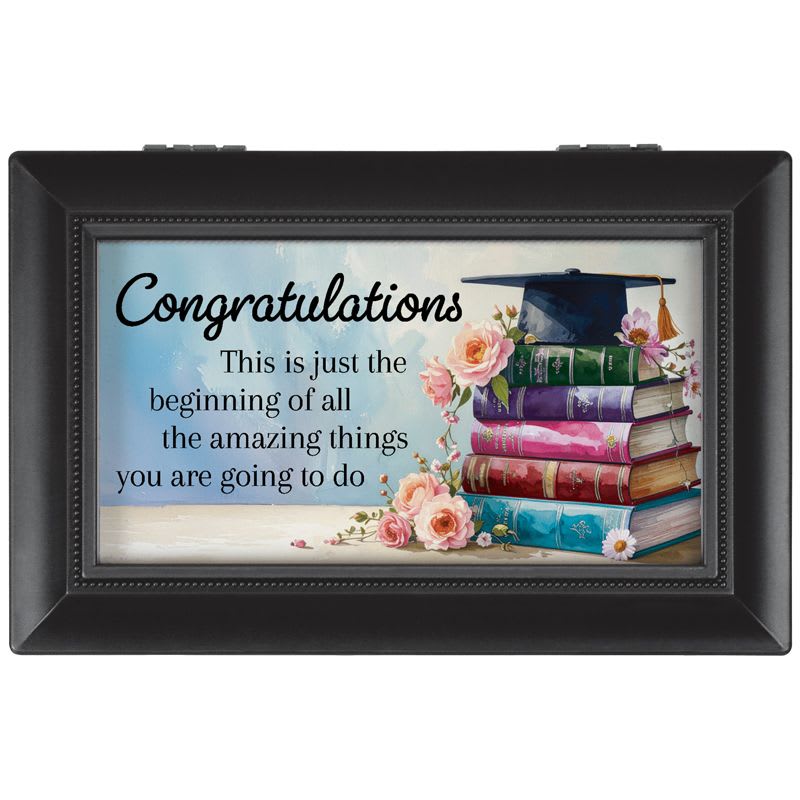 "Congratulations" Music Box - Music box is velvet lined, includes a hand crank music mechanism and plays "Everything is Beautiful"! All sentiment cards can be replaced with a personal photograph.