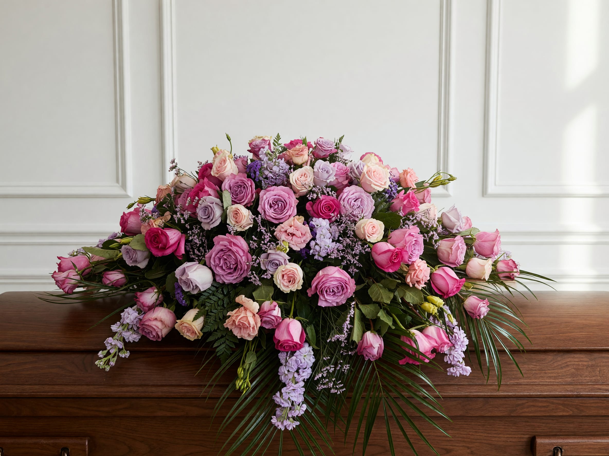 Garden of Grace™ Pink &amp; Lavender Casket Spray - Celebrate a beautiful life with our Garden of Grace™ Pink &amp; Lavender Casket Spray, an elegant tribute overflowing with premium roses, delicate spray roses, fragrant stock, lisianthus, limonium, and lush seasonal greenery.  Designed in a romantic garden style, this luxurious casket spray features soft shades of blush, lavender, mauve, and pink to symbolize love, grace, admiration, and cherished memories. Resting gently atop the casket, this handcrafted design offers a peaceful and comforting expression of sympathy while honoring a life filled with beauty and love.  Every arrangement is thoughtfully handcrafted by the experienced floral designers at Tommy Austin Florist, using only the freshest premium flowers.  Perfect For Funeral Services  Celebration of Life  Honoring a Mother  Honoring a Grandmother Honoring a Wife Honoring a Daughter  Memorial Services  Each casket spray is individually handcrafted with fresh, seasonal flowers. While substitutions may occasionally be necessary, we will always preserve the elegant garden style, premium quality, and romantic color palette.