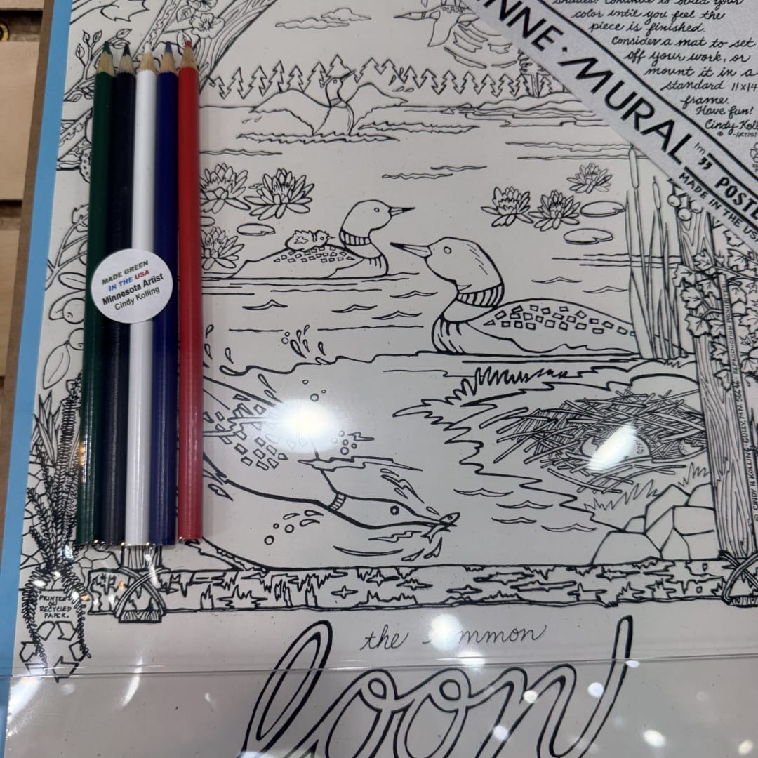 Colored pencils beside a framed loon-themed coloring print