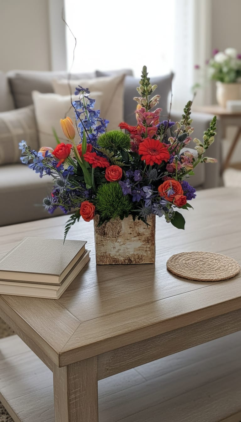 Blooms in Birch Cube (designers choice) - Bright, garden-fresh blooms pop from a rustic square birch cube in this lively flower arrangement - perfect as a birthday bouquet, Mother's Day gift, or "just because" surprise.  Size varies due to what flowers are used  All around arrangement