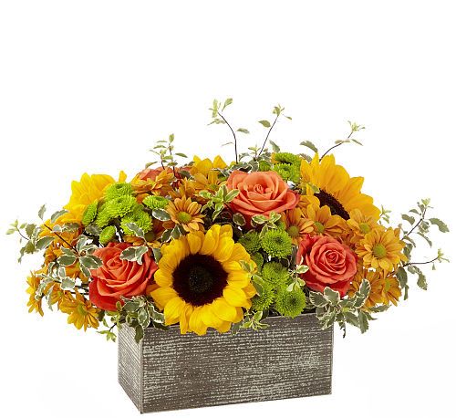 Garden Gathered Bouquet -  Gathered straight from the garden, sometimes it's beautiful to get to the point. A generous assortment of vibrant orange roses and sunflowers does just that in a weathered, wooden rectangular box. Tell them how you feel with love that’s freshly picked.