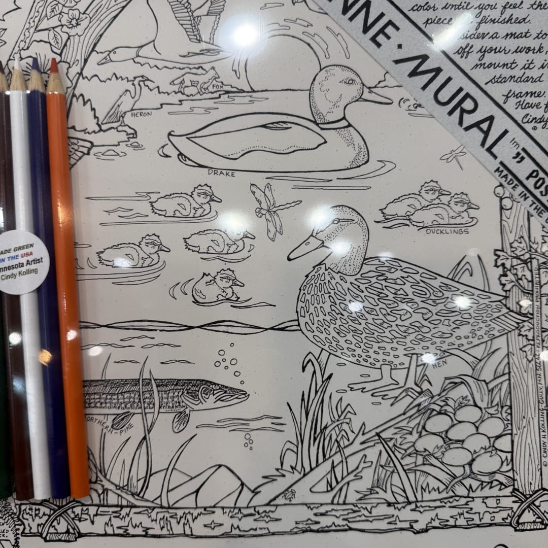 Duck and fish coloring page with three colored pencils beside it