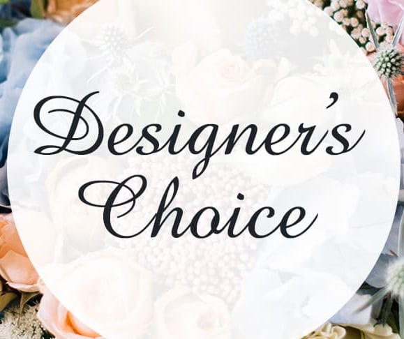 Round sign reading "Designer’s Choice" over a floral background