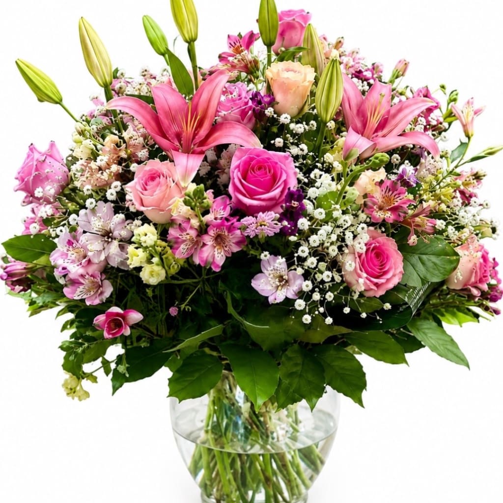 Pink lilies and roses arranged in a clear glass vase