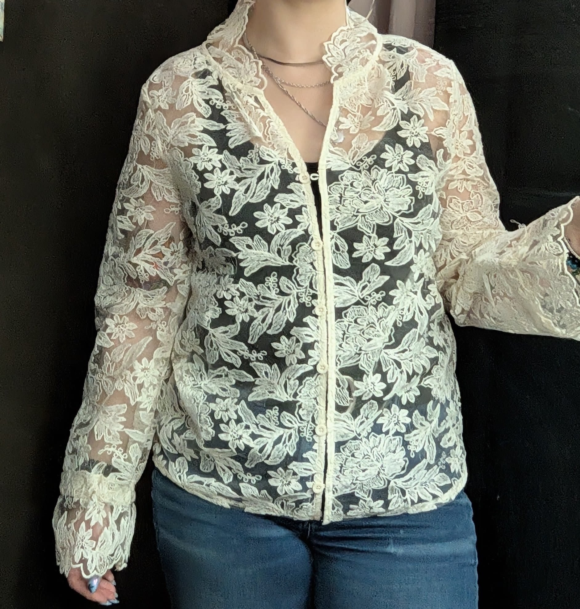 Person wearing a sheer floral lace button-up top with long sleeves