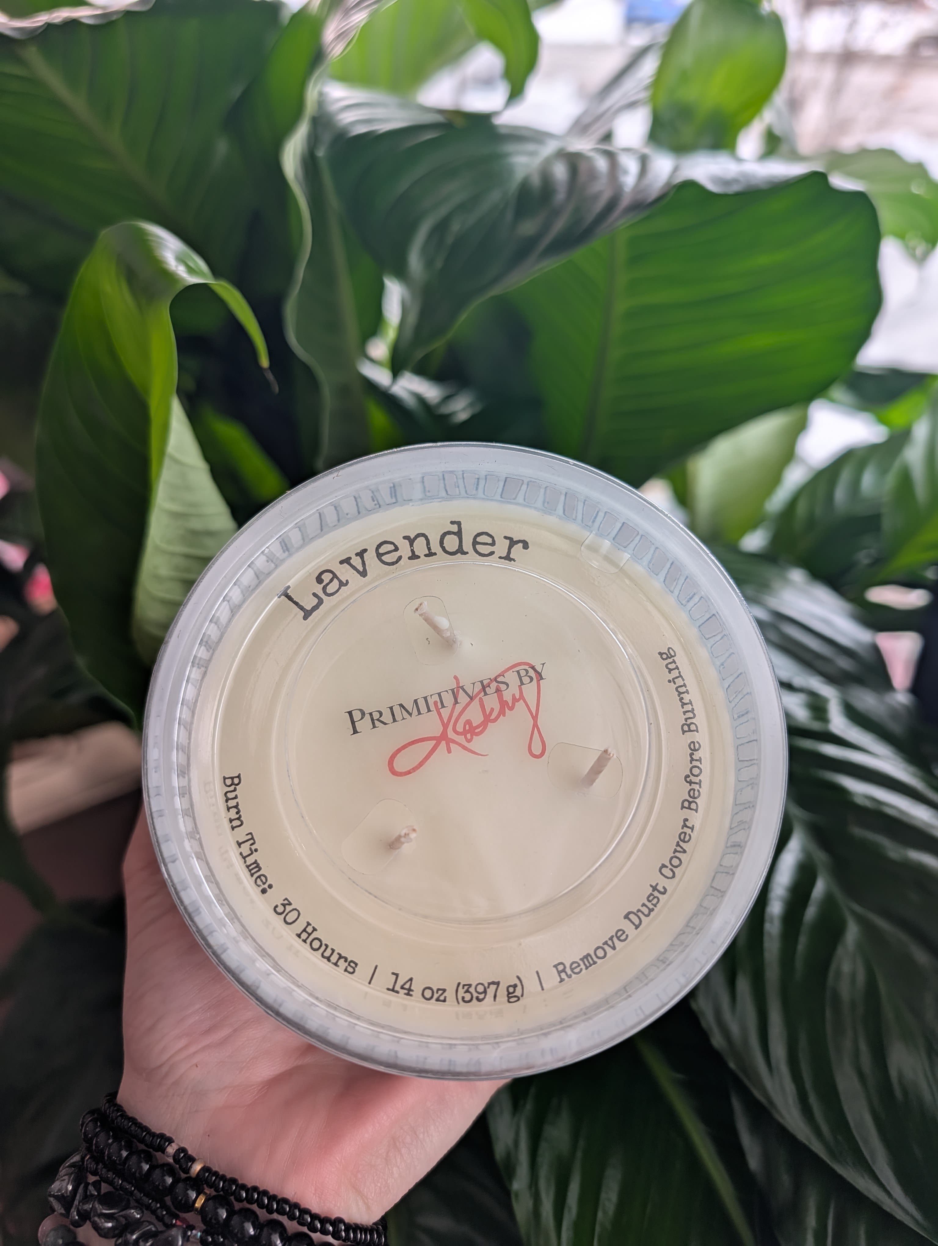 Hand holding a lavender-scented candle in a clear plastic cup