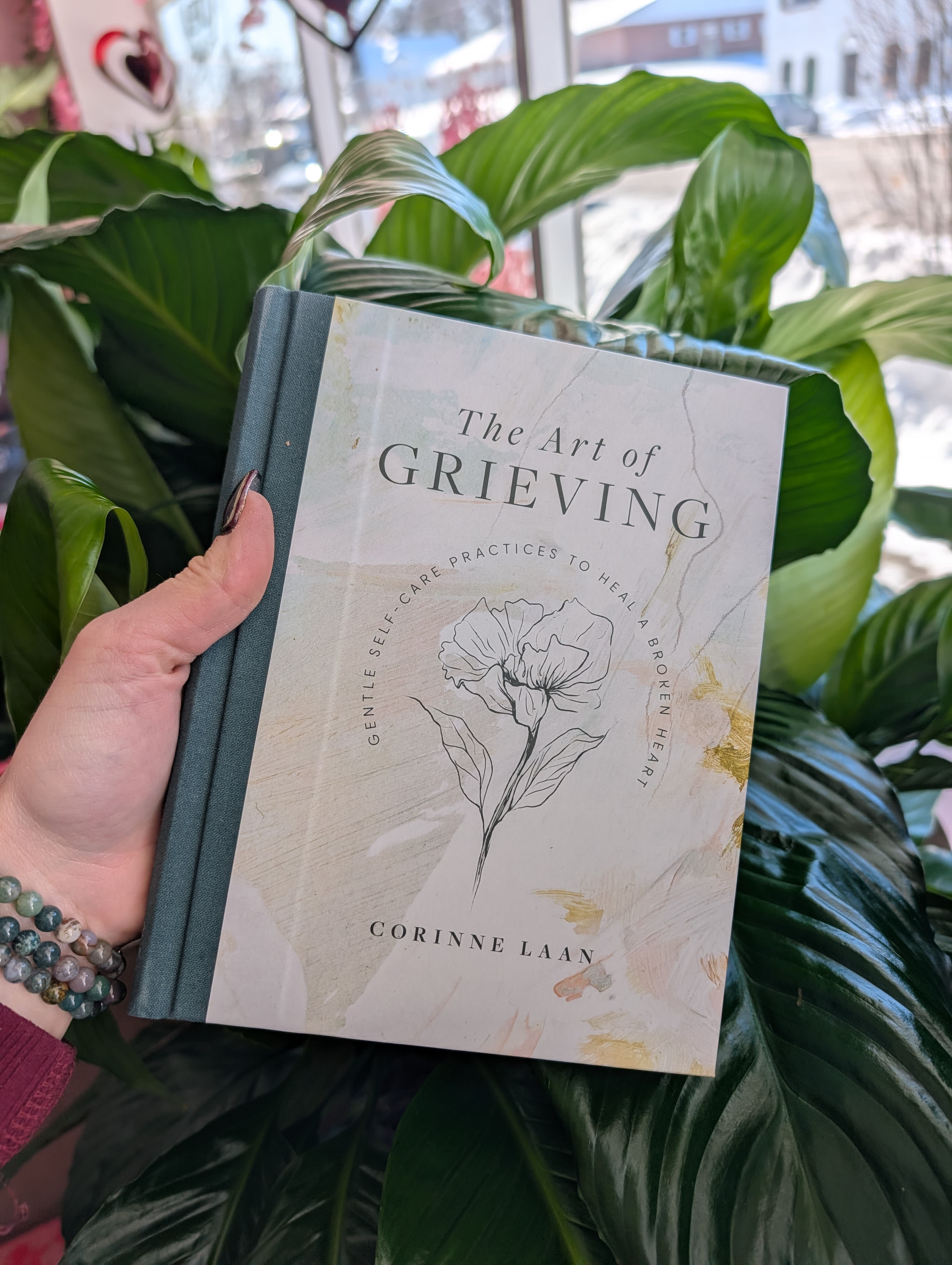 Hand holding a book in front of large green leaves