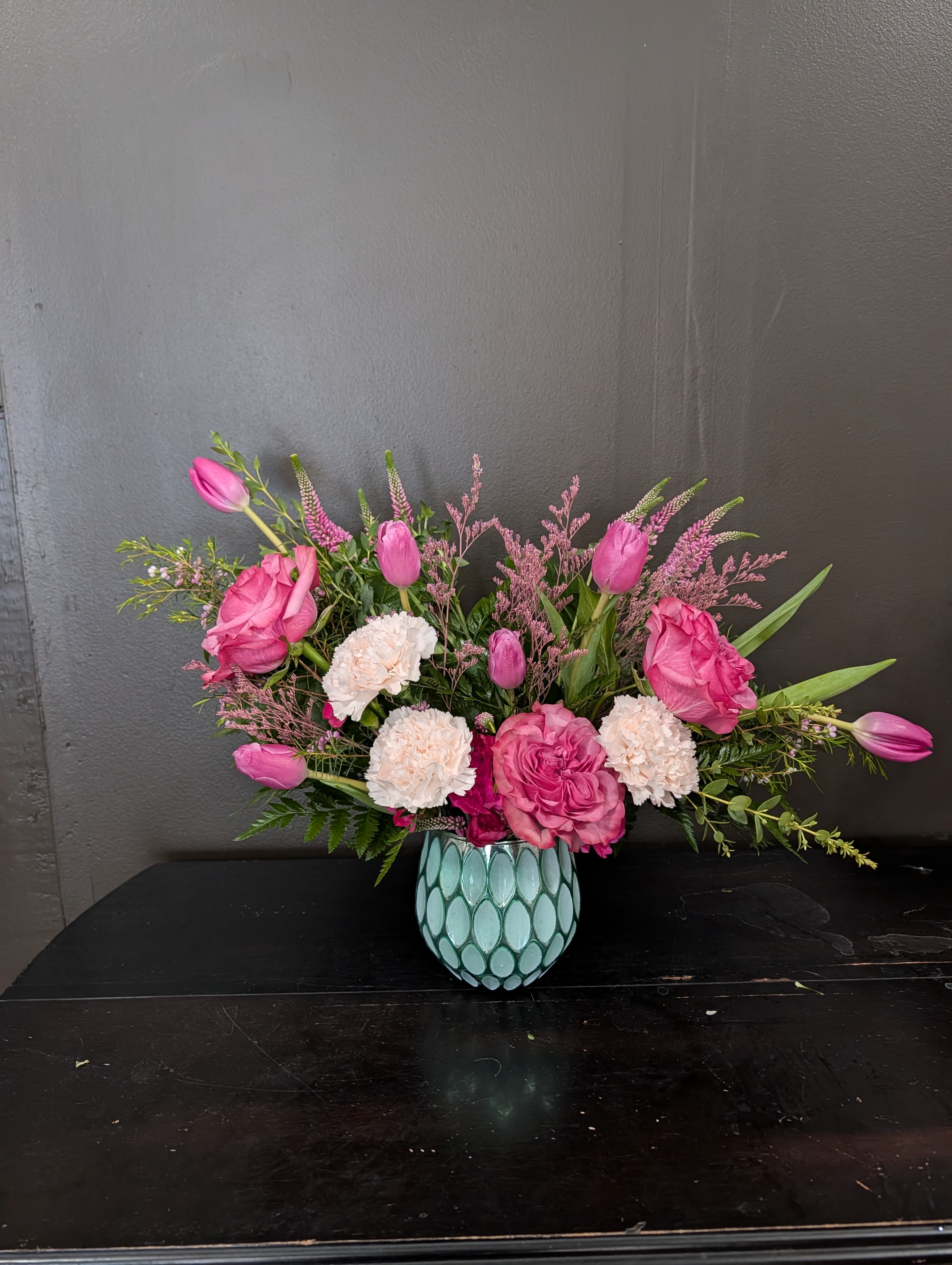 Dream In Color - A pretty pink assortment in a mirrored blue textured vase