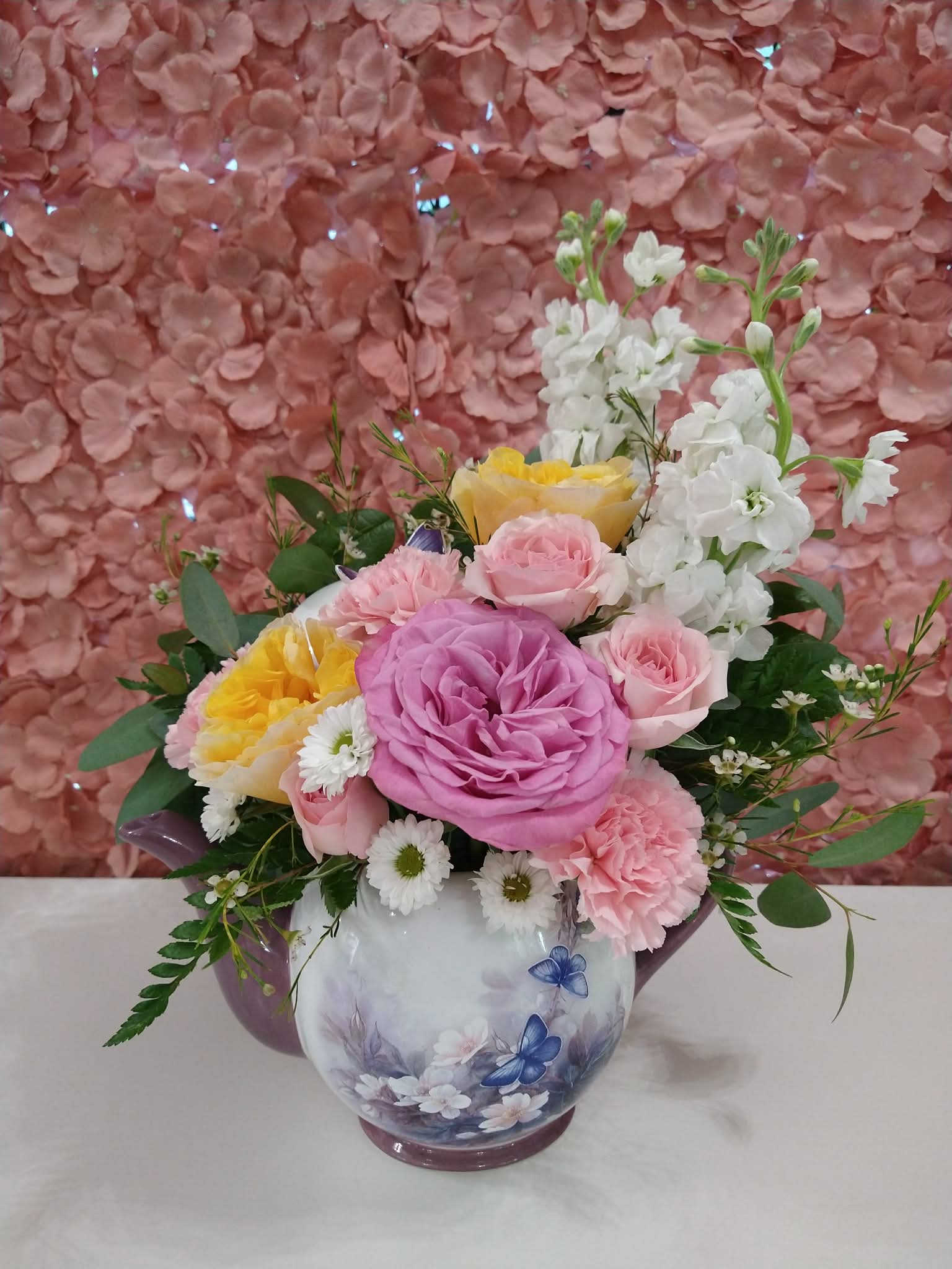 Teapot Keepsake - Assorted florals in a teapot with a lid. Colors vary, please specify in special instructions. 