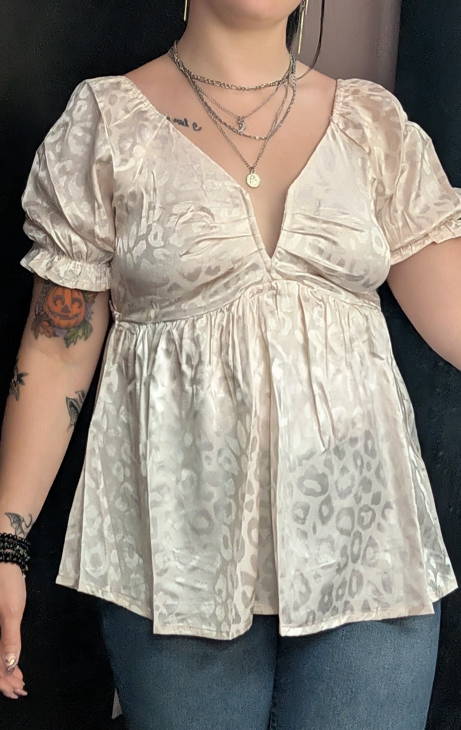 Babydoll Cheetah Top - Babydoll top light pink currently available in sizes small and medium.