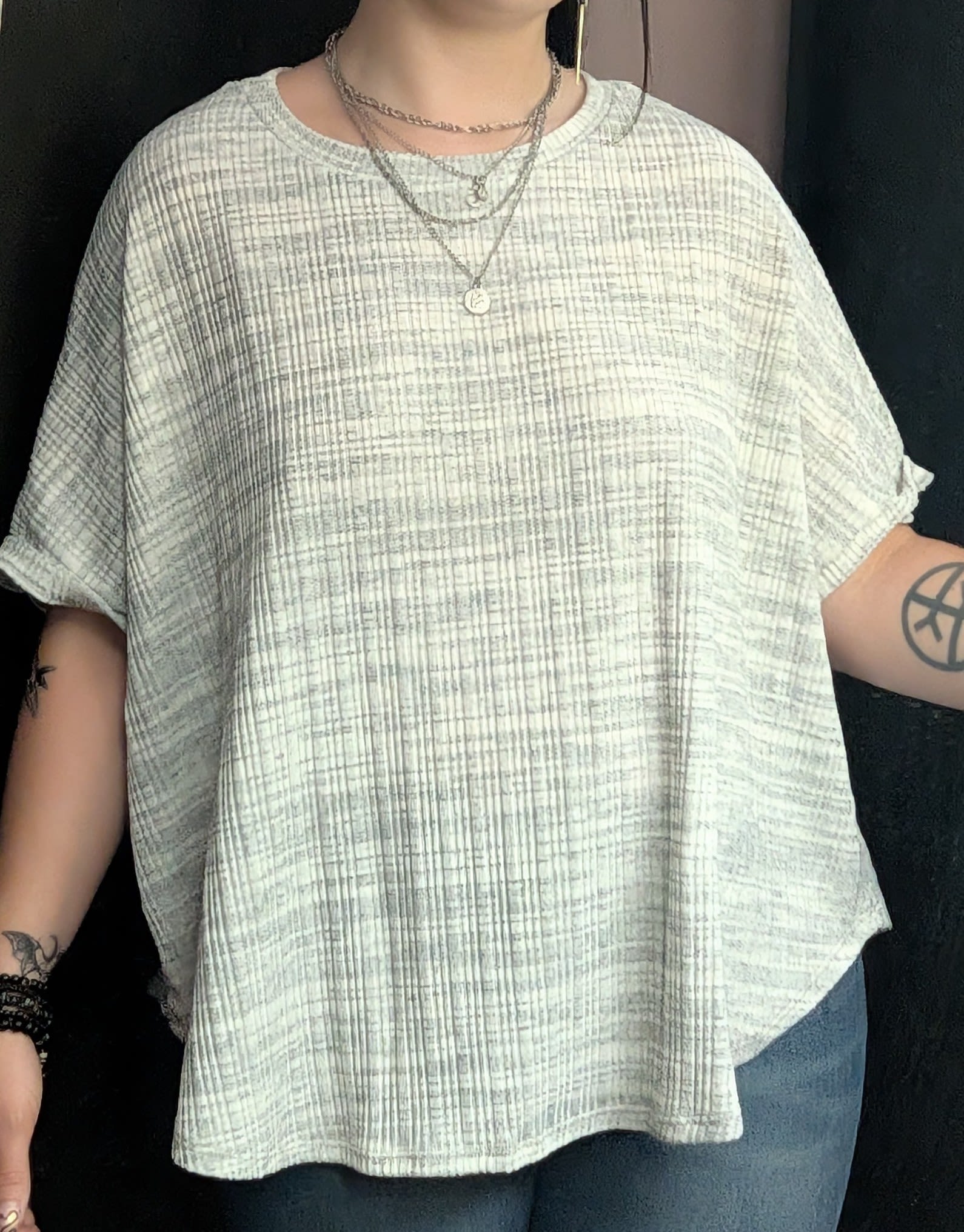 Gray Textured Oversized Boxy Top - Soft gray woven texture tee available in S-M-L.