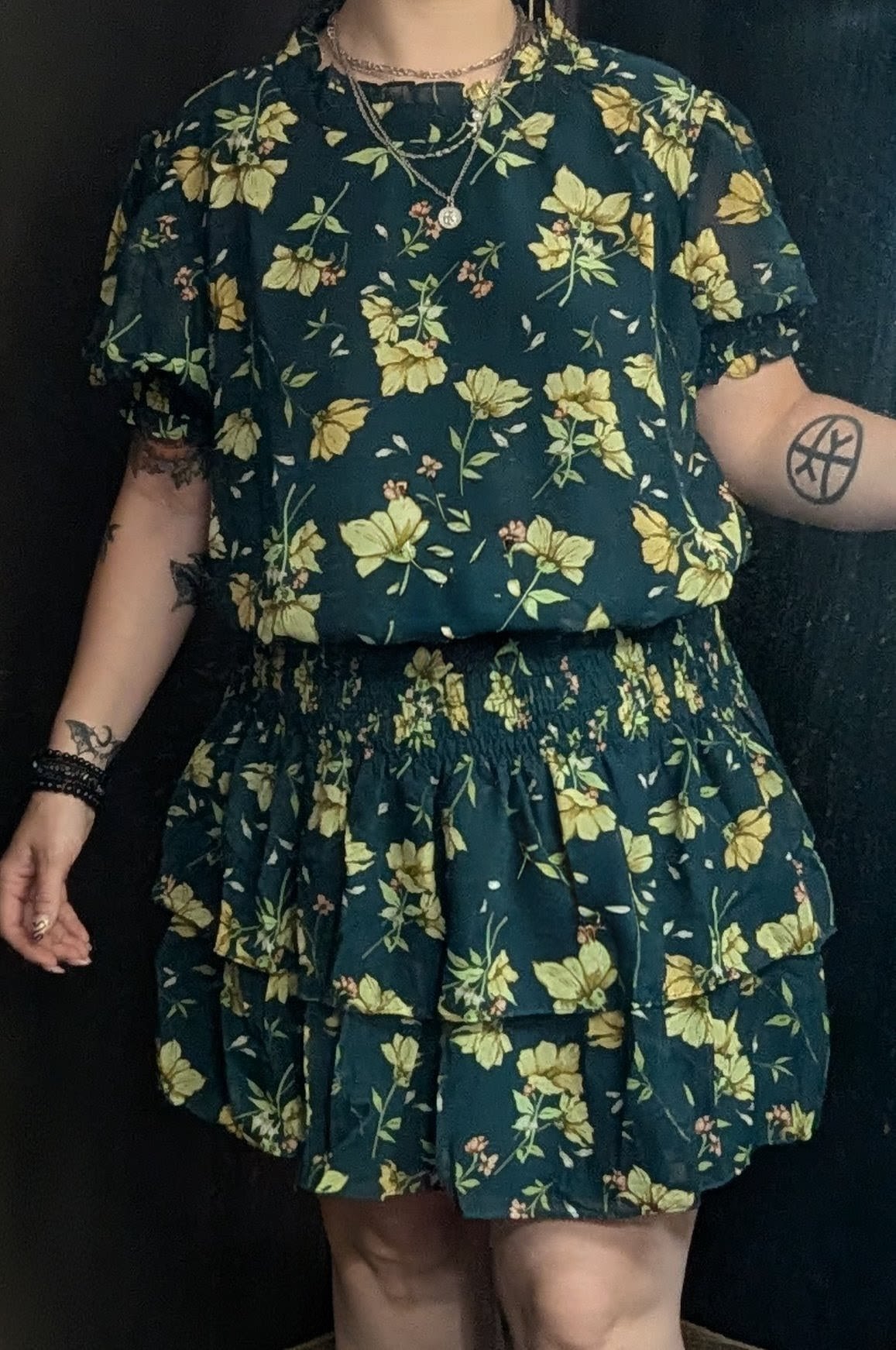 Plus Green Floral Dress - Dark green floral sheer lined dress available in 1X-3X