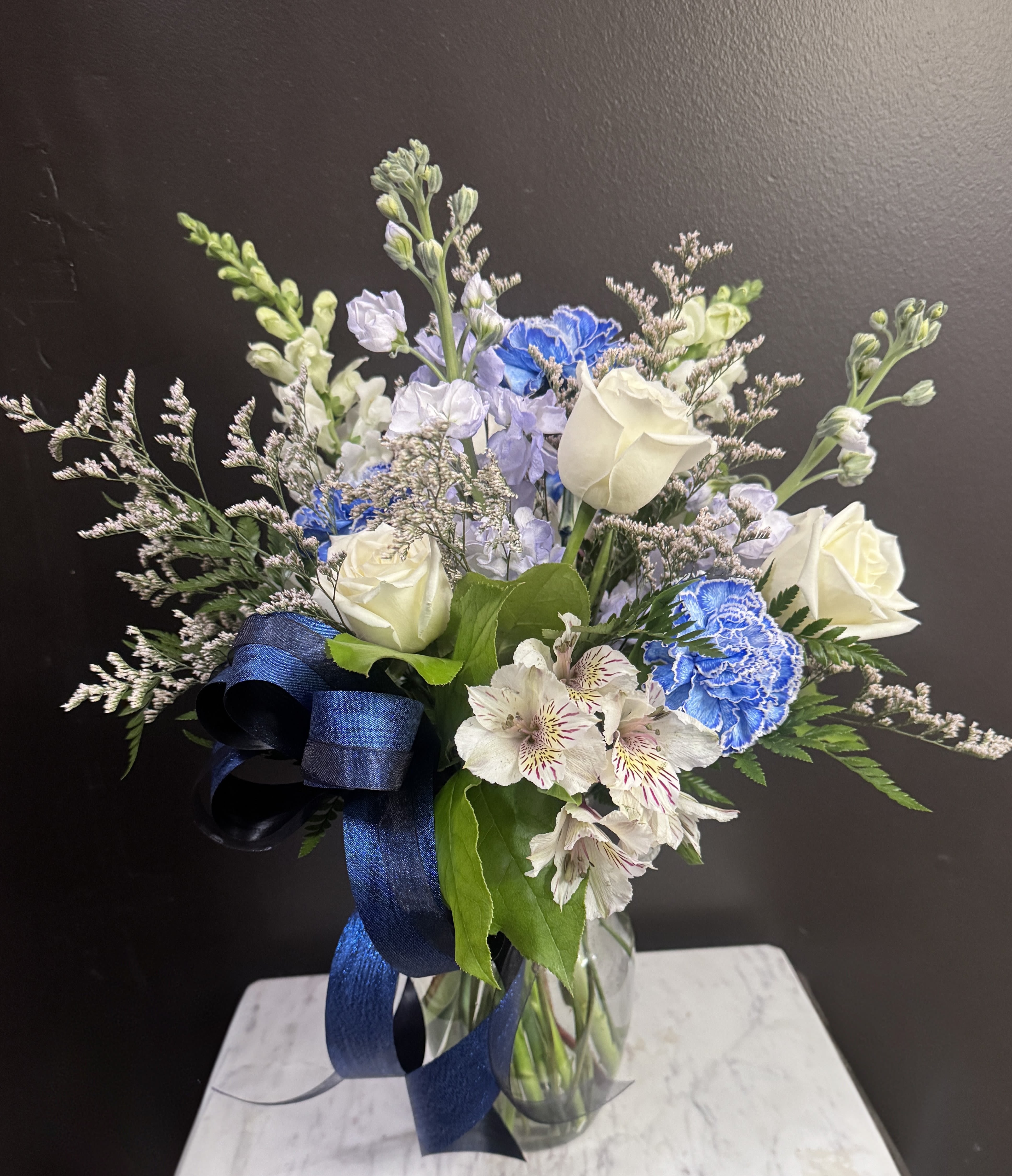 Blueberry Bush - Blues and whites in a clear glass vase.