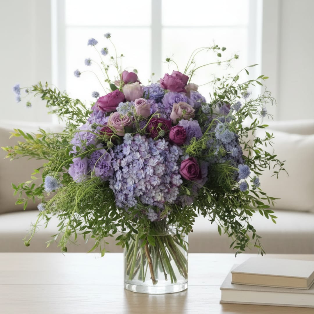 Purple and lavender bouquet in a clear glass vase