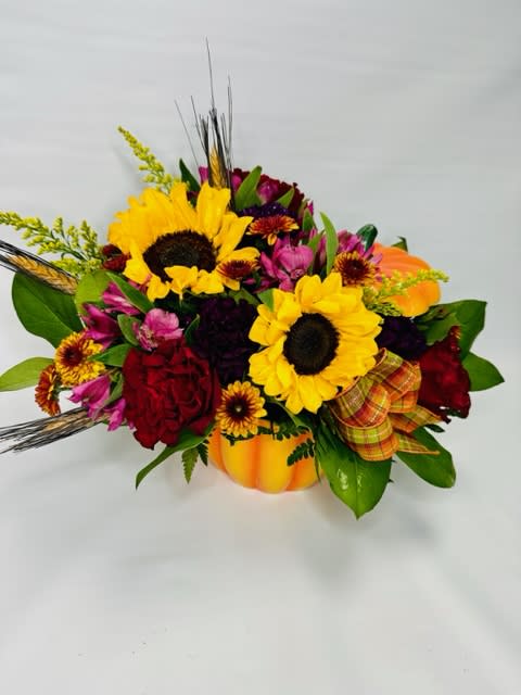 Pumpkin Harvest - Ceramic pumpkin with lid filled with seasonal fall flowers