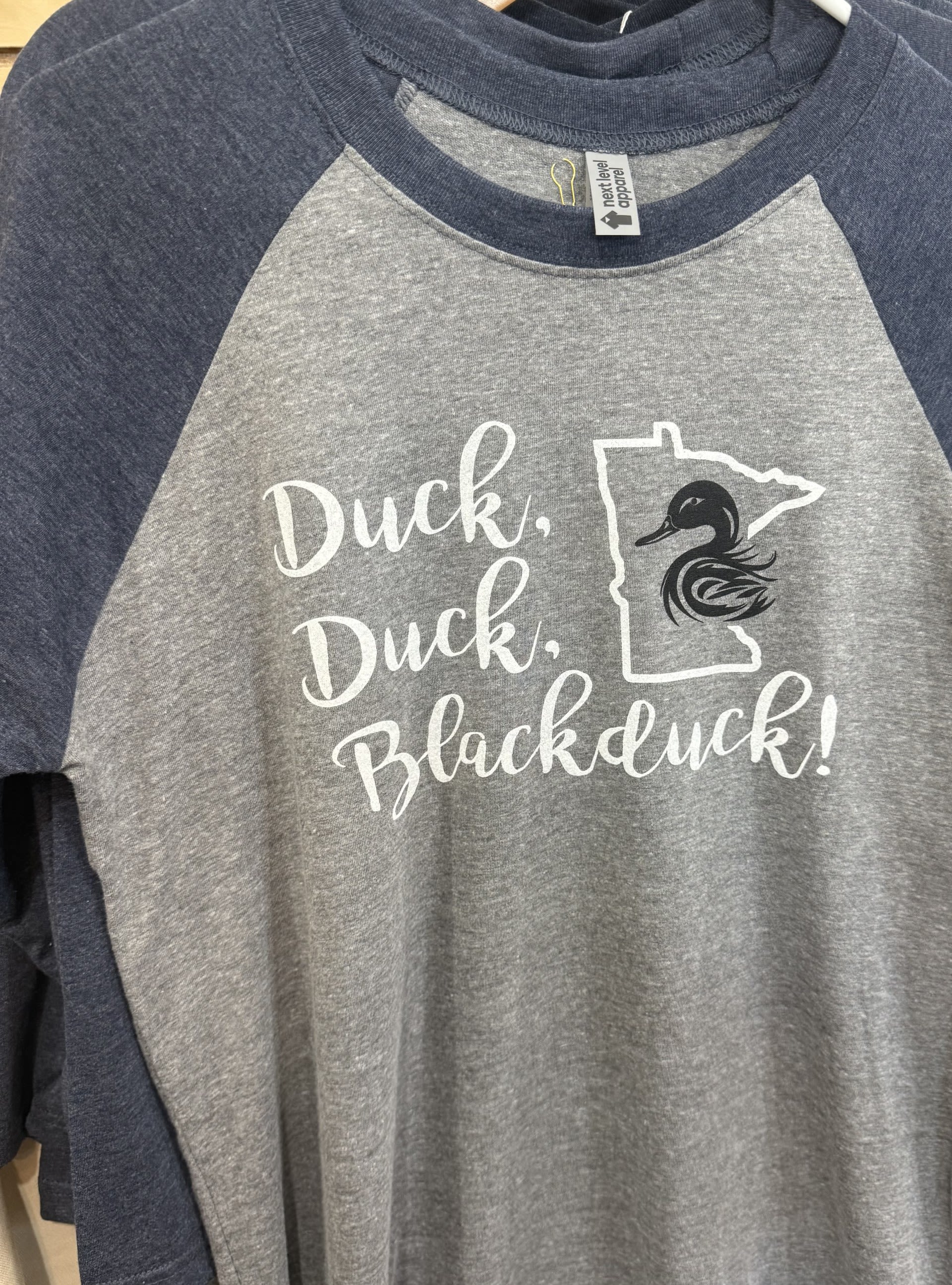 Gray and navy raglan T-shirt with a duck graphic and text