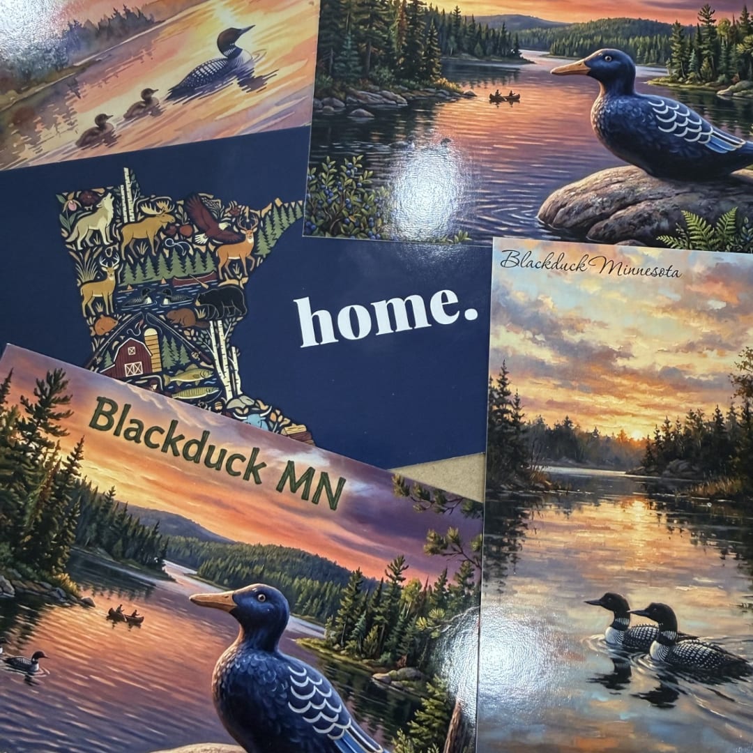 Assorted Minnesota-themed postcards with ducks and sunset lake scenes