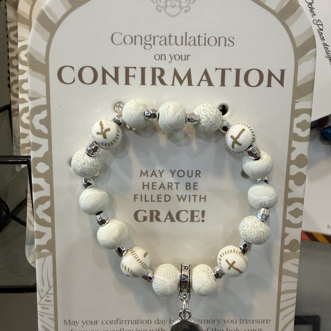 Confirmation gift card with a beaded bracelet attached