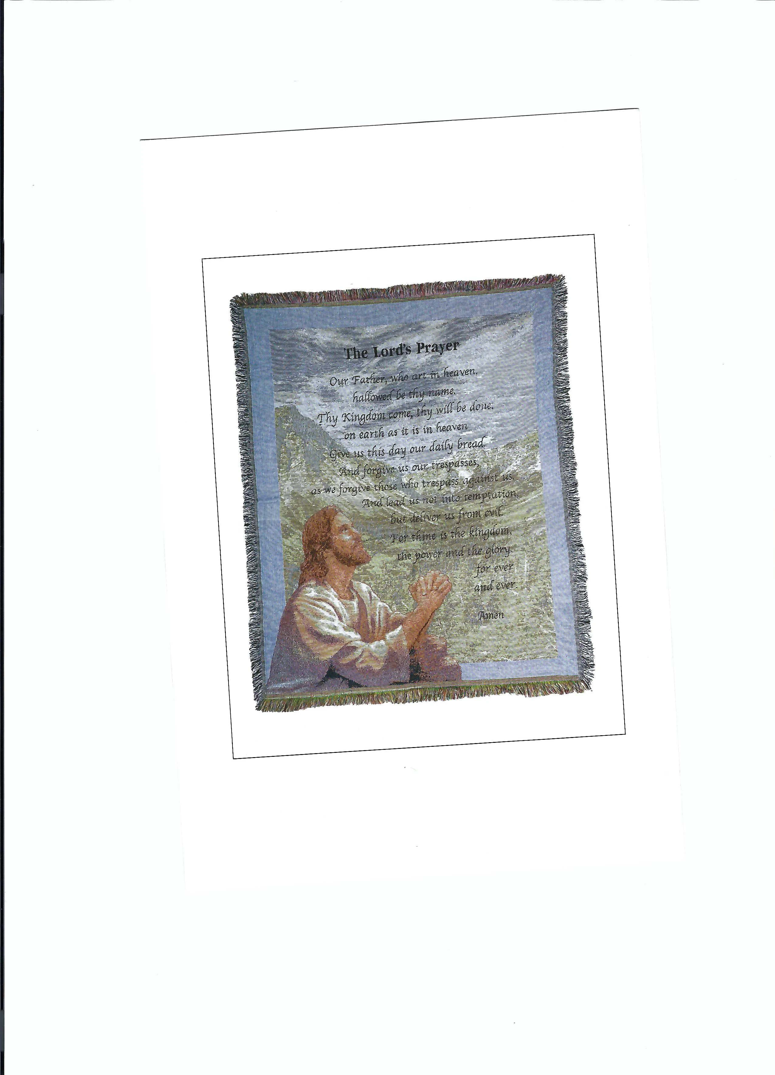 Framed wall hanging with The Lord's Prayer and a praying figure