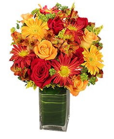 Bouquet of red and yellow flowers in a square glass vase