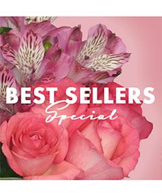 Pink roses and striped alstroemeria with "Best Sellers Special" text