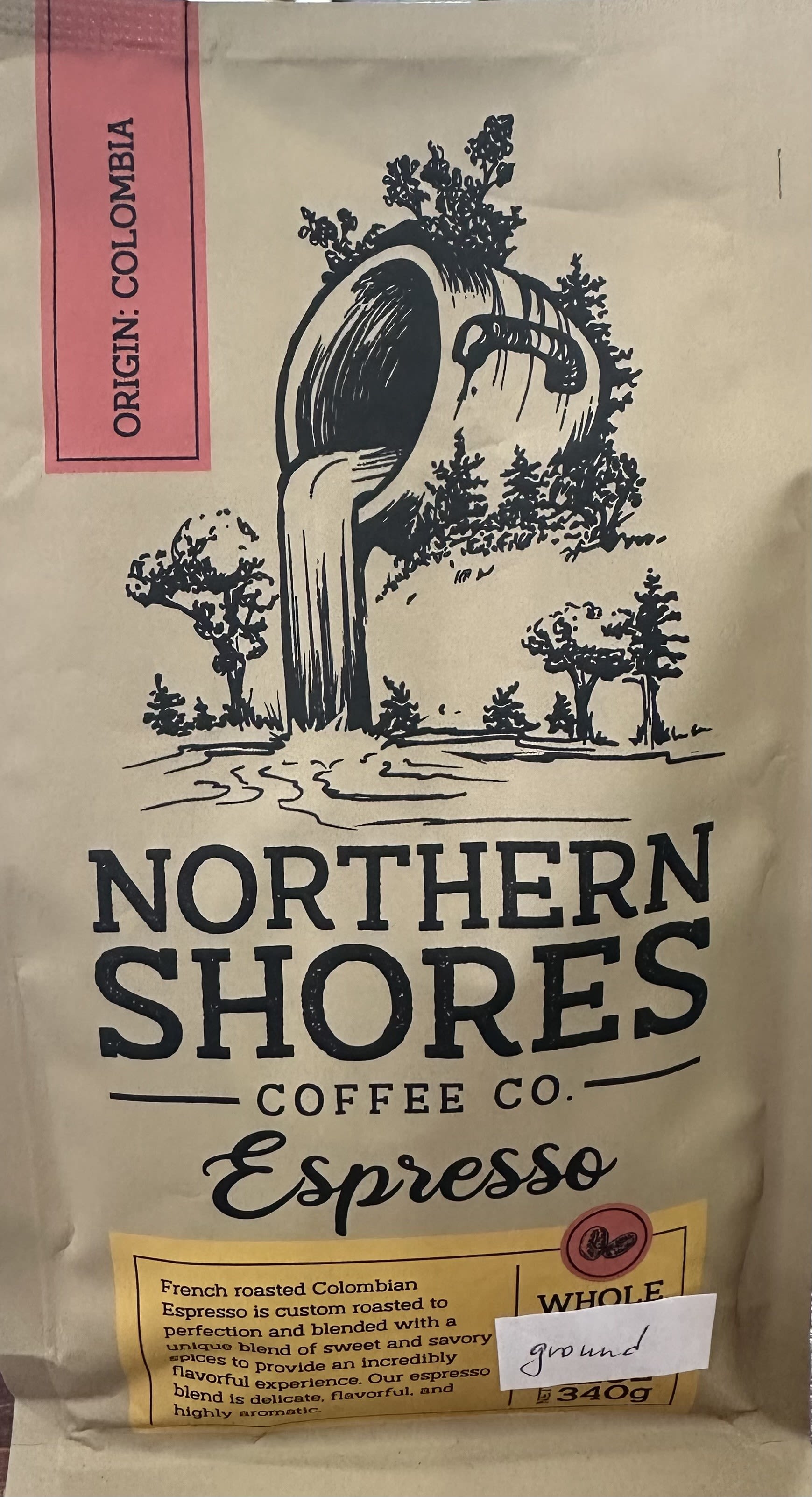 Bag of Northern Shores Coffee Co. espresso with a Columbia origin label