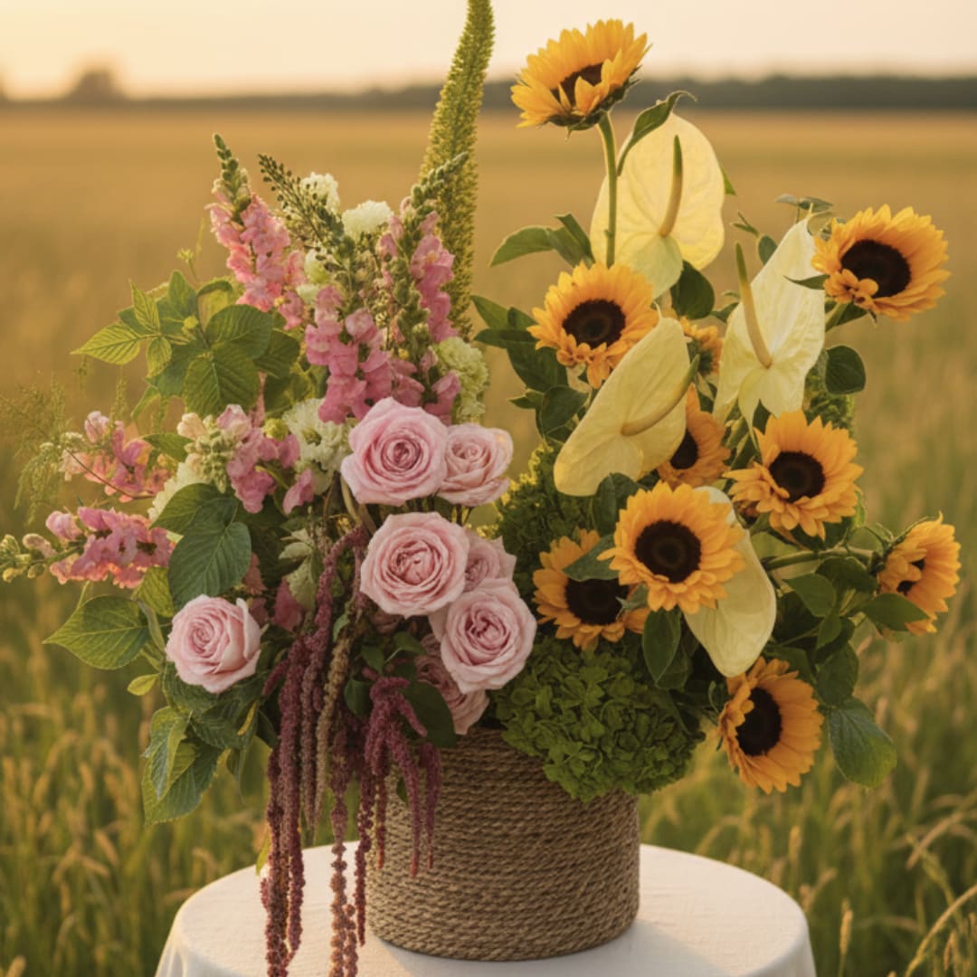 Summer Sunset  - Sun-drenched and cheerful, this Summer Sunset flower arrangement is a bright summer celebration bouquet that feels like a warm field in full bloom. Perfect for a birthday, a thank-you, or simply to make someone feel seen, the mix of pink roses and bold yellow sunflowers instantly communicates joy while pale cream anthuriums add an unexpected, elegant touch.  Arranged in a rustic woven basket, the design pairs tall pink snapdragon spikes and mixed greenery for a loose, garden-style silhouette. Pale hydrangea clusters and other seasonal blooms fill the base, while trailing burgundy amaranthus adds movement and textured contrast against the soft palette of pink, yellow, and white. The result is a lively, hand-gathered look that will brighten a kitchen table, entryway, or celebration space.  Choose this for someone who loves warm, country-inspired florals-the kind of bouquet that makes them smile the moment they see it. Care: keep in a cool spot away from direct sun, refresh the water every other day, and trim stems slightly if needed to extend bloom life.