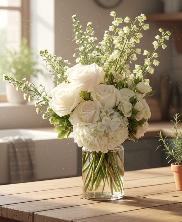 White roses and hydrangeas arranged in a clear glass vase
