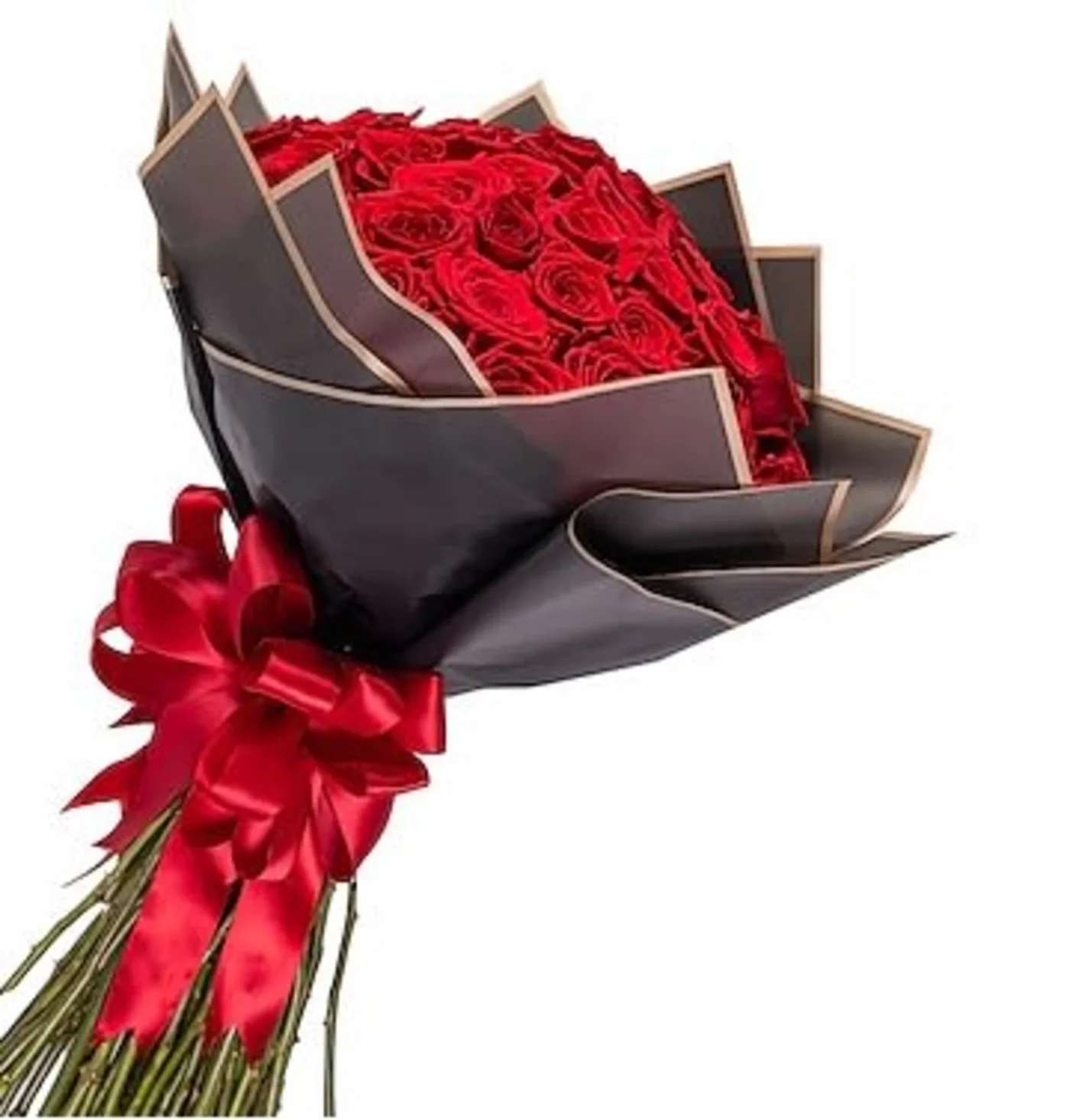 Bouquet of red roses wrapped in dark paper with a red ribbon