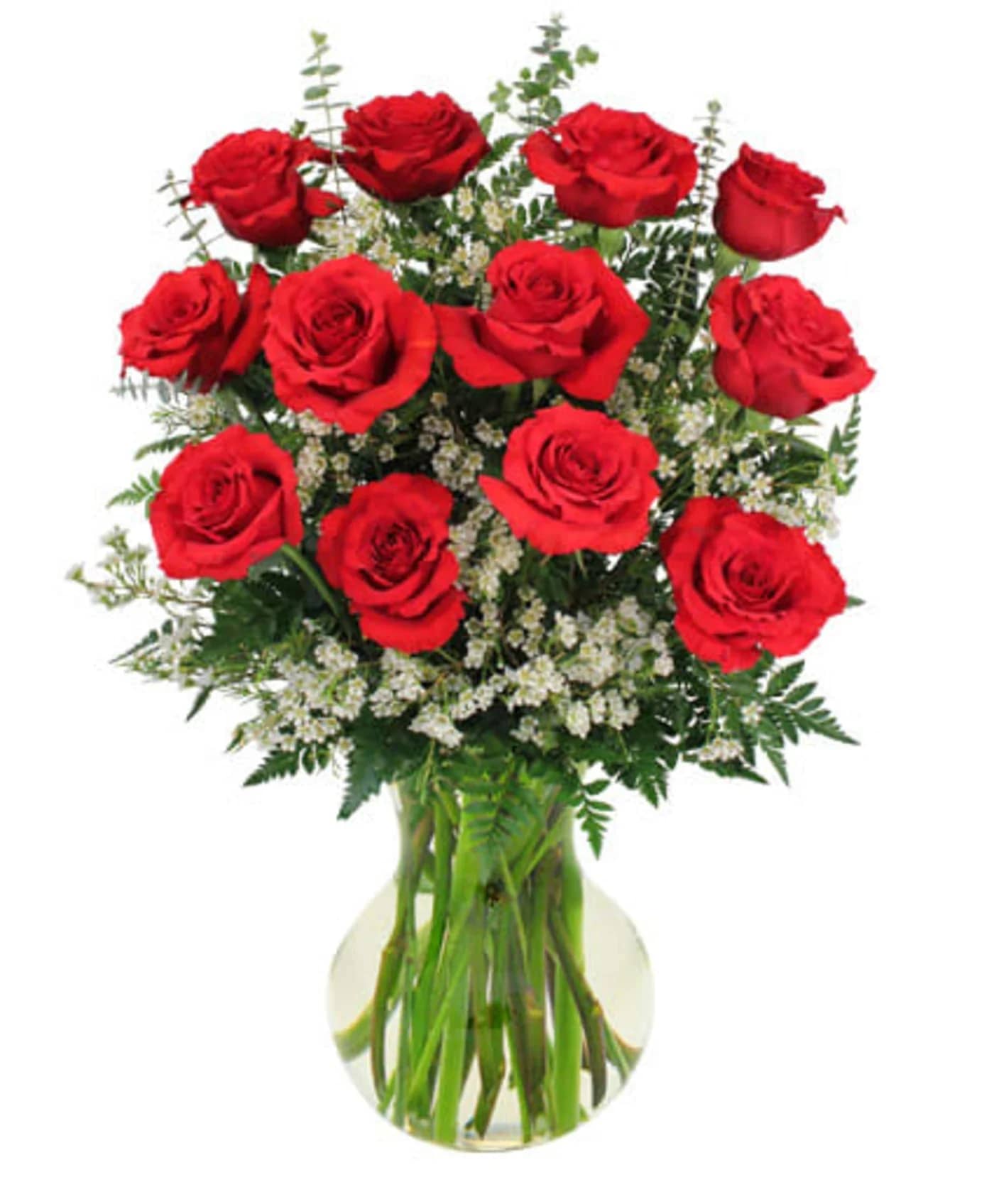 Bouquet of red roses in a clear glass vase