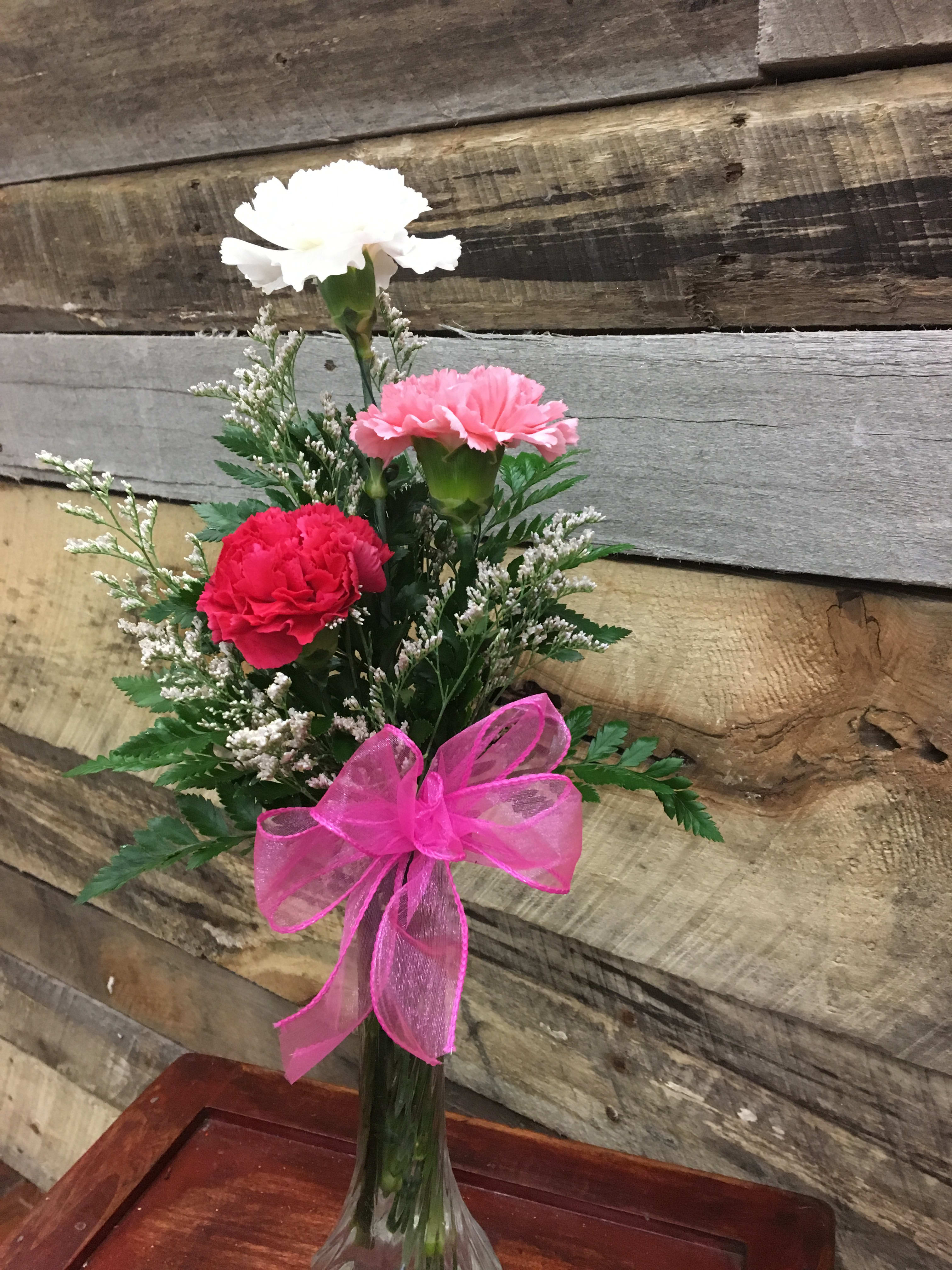 Small bouquet of carnations in a clear glass vase with a pink ribbon