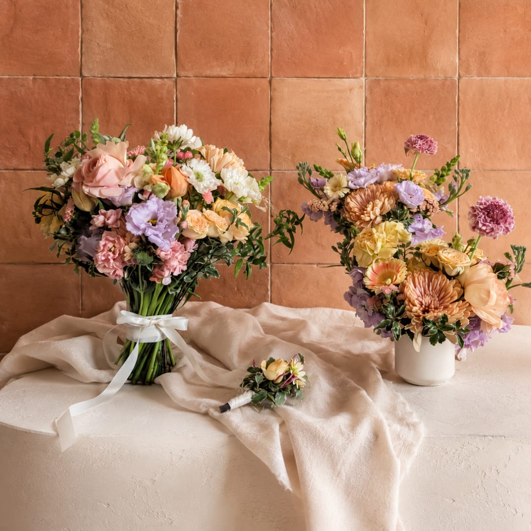 Wedding bouquet and matching floral arrangements in pastel pink, peach, and lavender