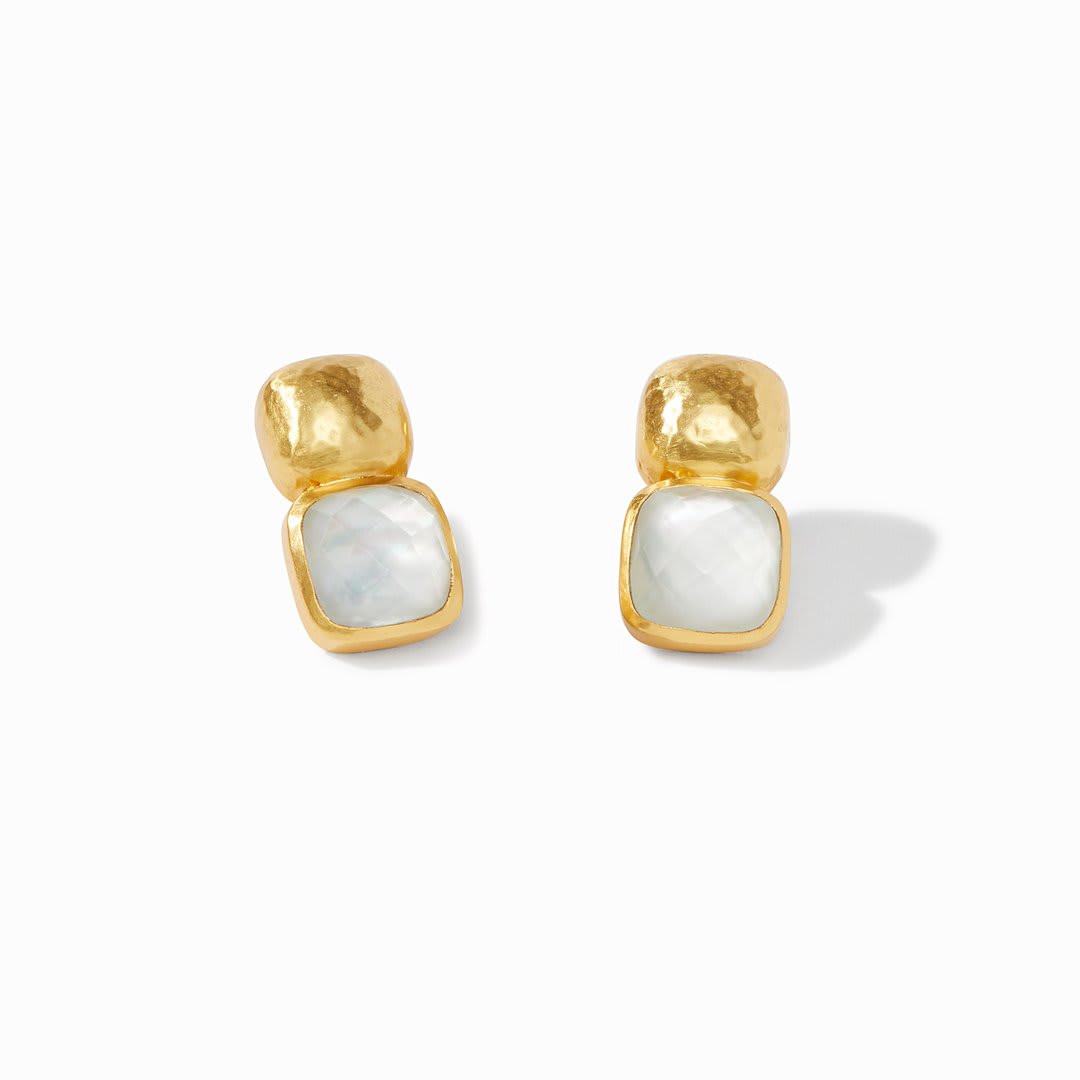 Pair of gold and white square stud earrings