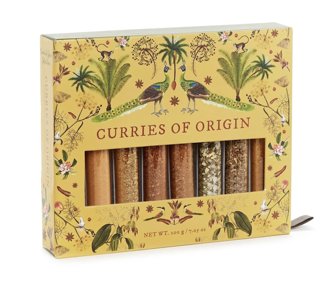 Boxed set of curry spice blends with a yellow illustrated package