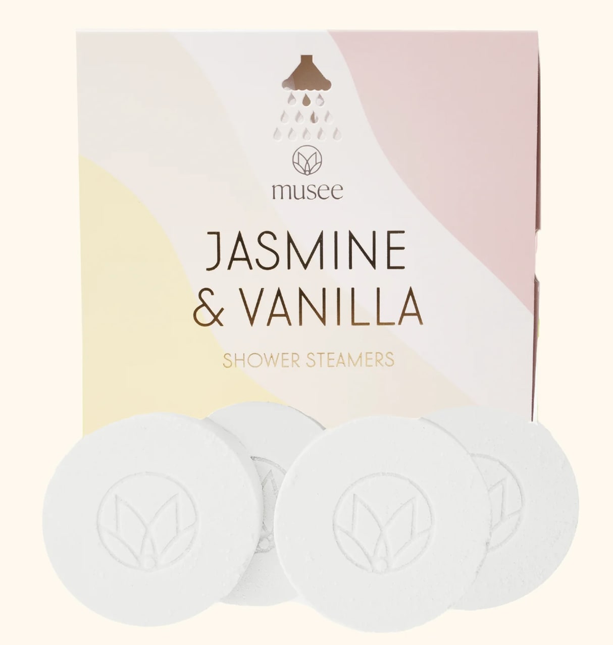 Box of jasmine and vanilla shower steamers with round white tablets