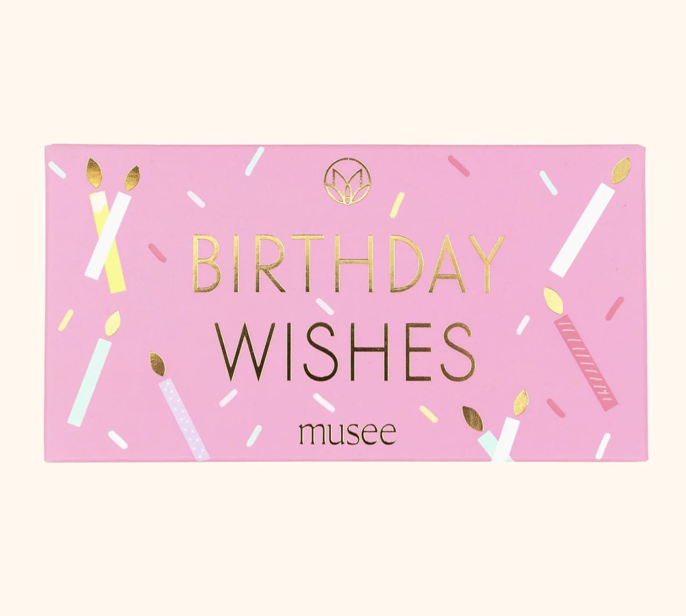 Pink birthday wishes card with gold lettering and confetti design