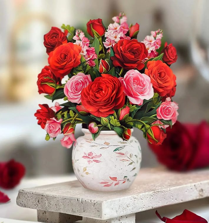 Bouquet of red and pink roses in a white painted vase