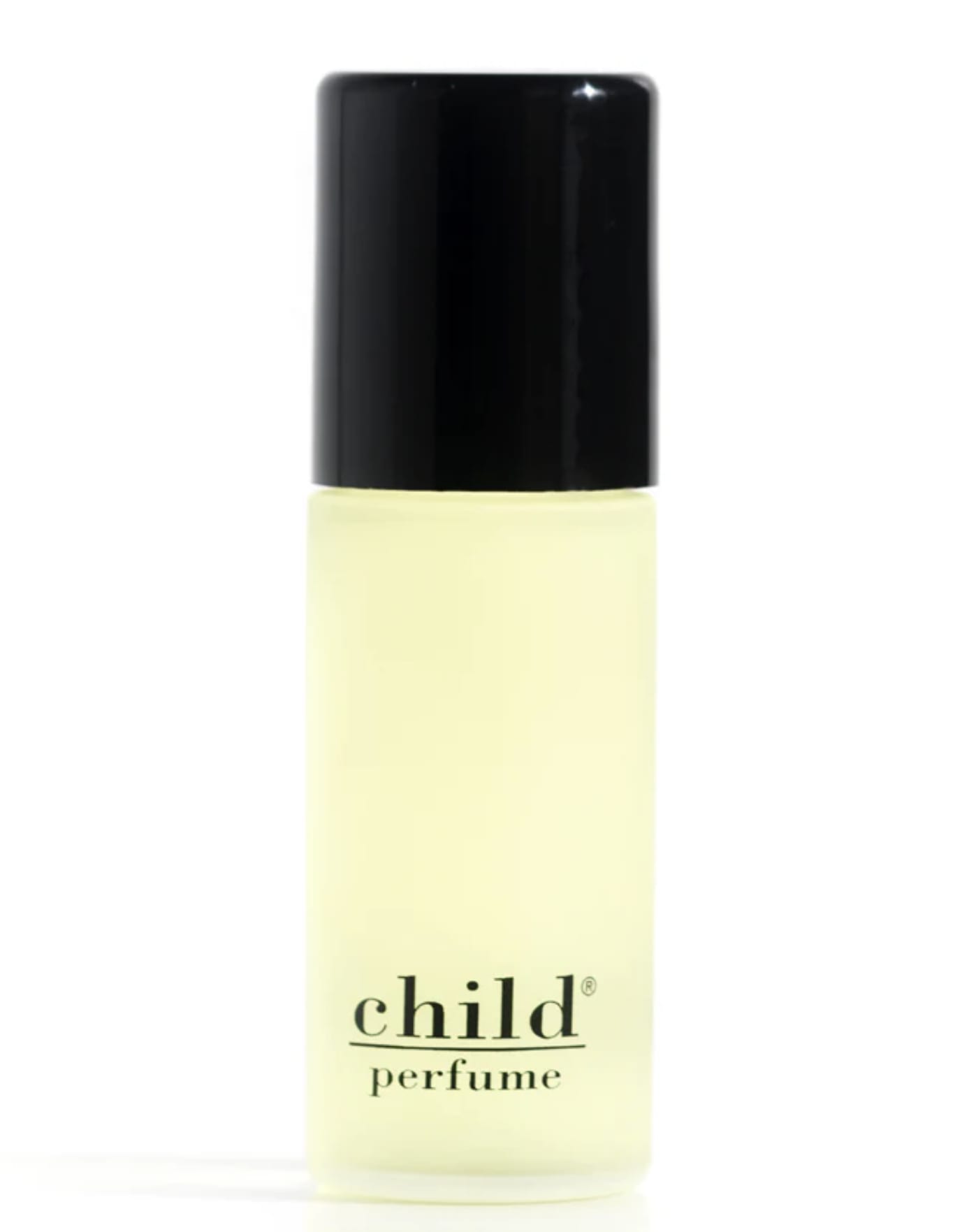 A small perfume bottle with a black cap and pale yellow liquid