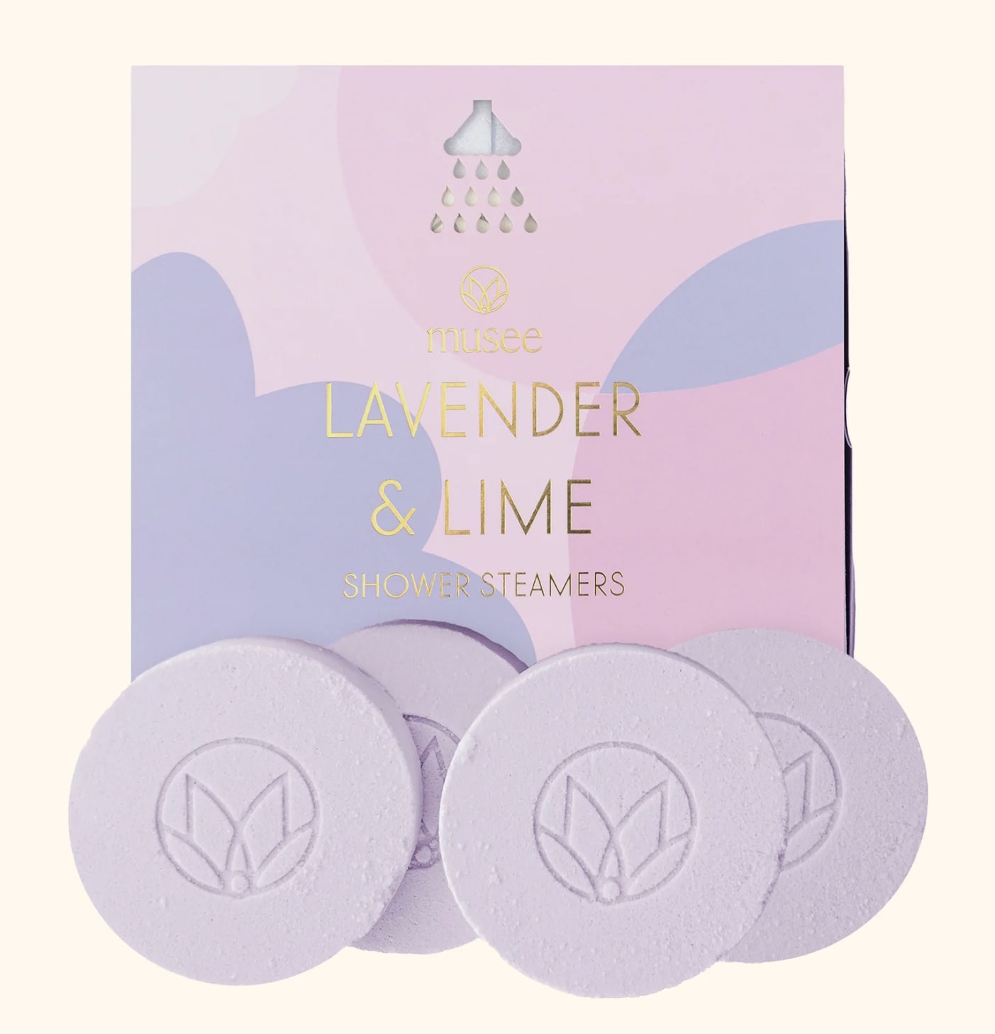 Box of lavender and lime shower steamers with round tablets in front