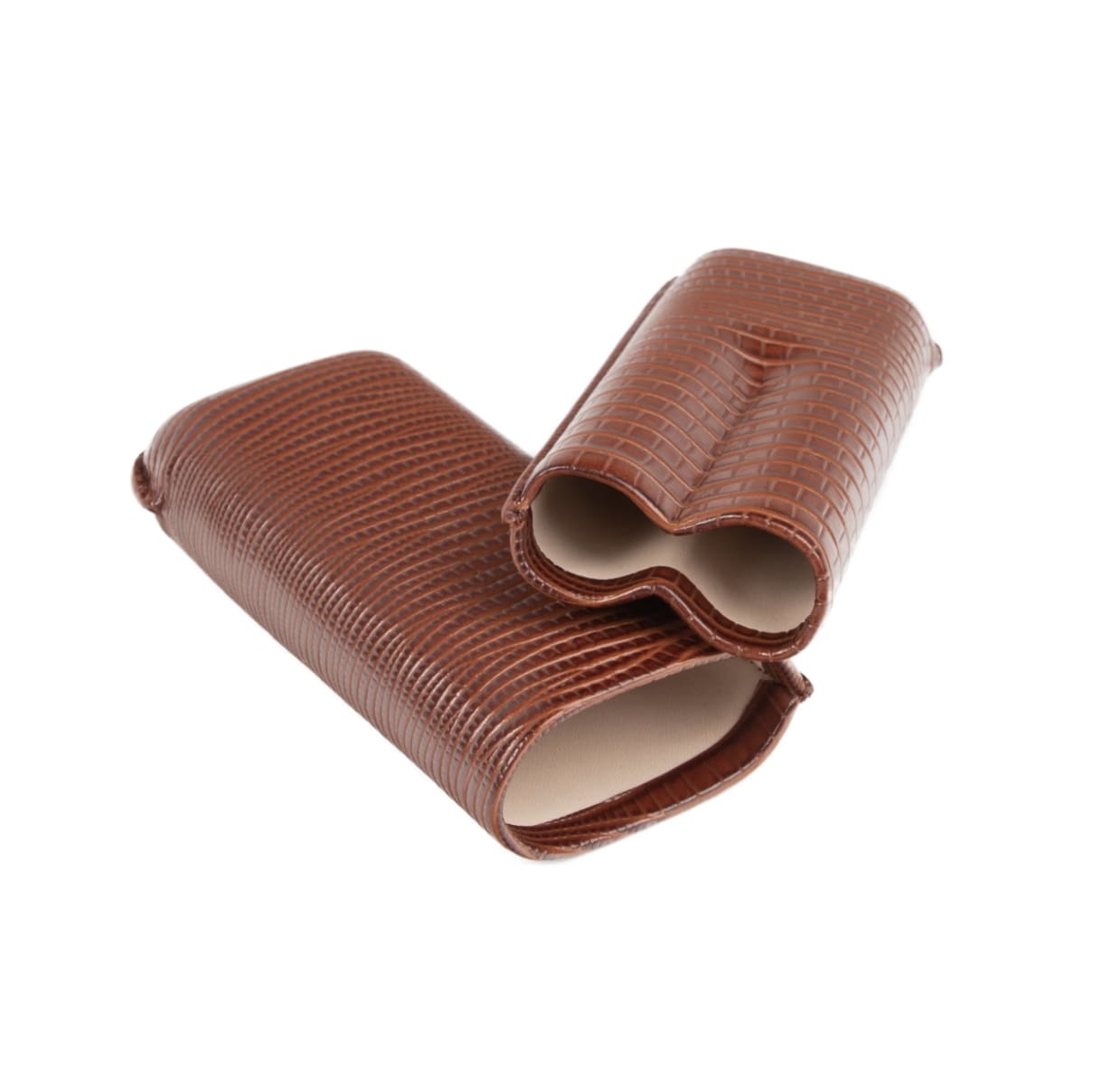 Two brown textured leather cases on a white background