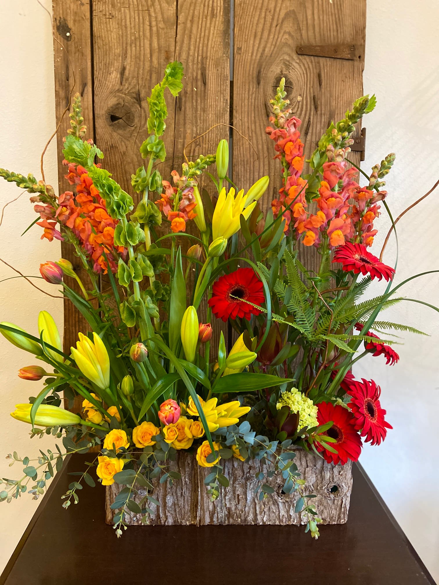 Tall rustic arrangement of yellow lilies, red gerbera daisies, and orange snapdragons in a bark-covered rectangular box