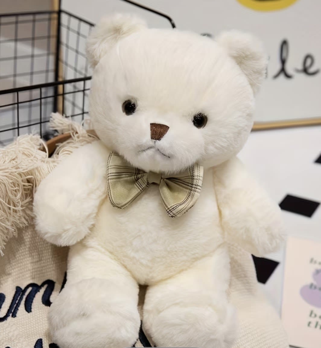 White teddy bear with a plaid bow tie